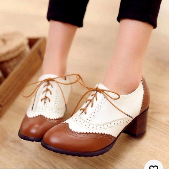 no name Shoes - Women’s Oxford Leather Lace-up Mid Chunky Heel